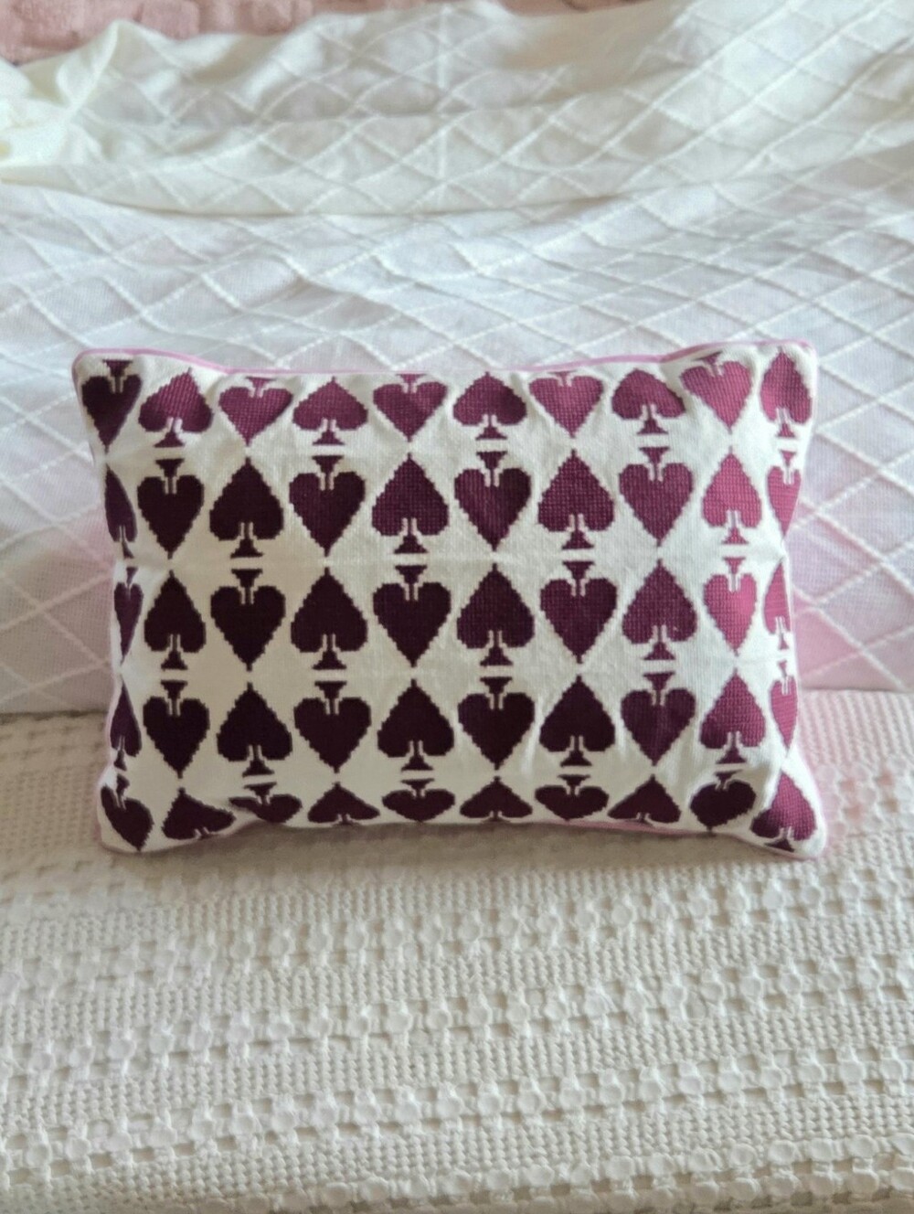 Anthropologie Ace Cotton Embroidered Needlepoint Pillow in Maroon Pink